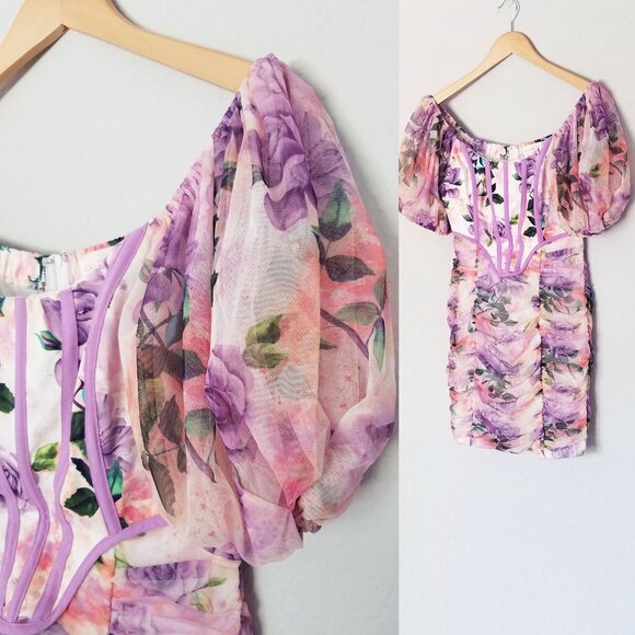 Donnee Par Dieu Corset Floral Ruched Mesh Puff Sleeve Bodycon Mini Dress Fairy M - Picture 11 of 16